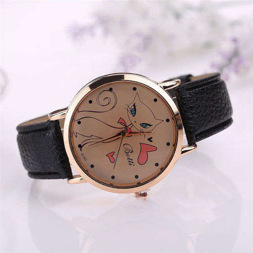 Ladies Faux Leather Fashion Women Cute Cat Watch