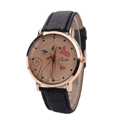 Ladies Faux Leather Fashion Women Cute Cat Watch