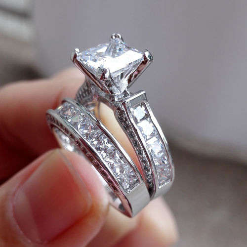 Gorgeous Princess Cut 18k White Gold Filled Wedding Band Ring Size 10
