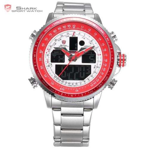 SHARK Men's Sport Wrist Watch LCD Date Stopwatch Stainless Steel Quartz Red Ref45