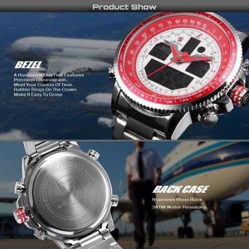 SHARK Men's Sport Wrist Watch LCD Date Stopwatch Stainless Steel Quartz Red Ref45
