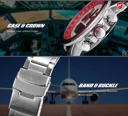 SHARK Men's Sport Wrist Watch LCD Date Stopwatch Stainless Steel Quartz Red Ref45