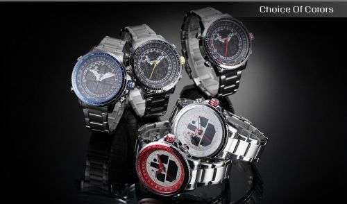 SHARK Men's Sport Wrist Watch LCD Date Stopwatch Stainless Steel Quartz Red Ref45