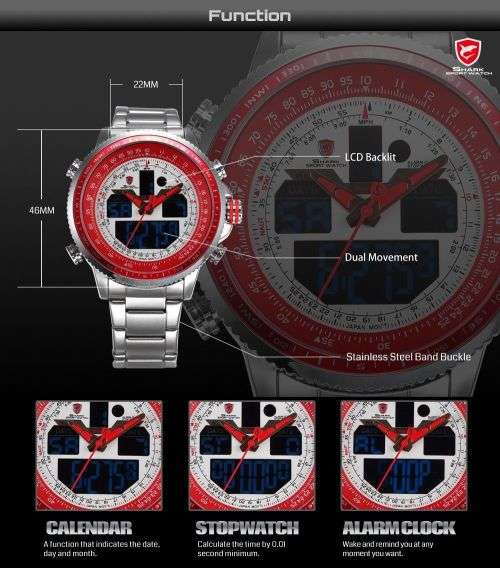 SHARK Men's Sport Wrist Watch LCD Date Stopwatch Stainless Steel Quartz Red Ref45
