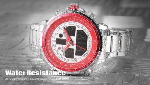 SHARK Men's Sport Wrist Watch LCD Date Stopwatch Stainless Steel Quartz Red Ref45