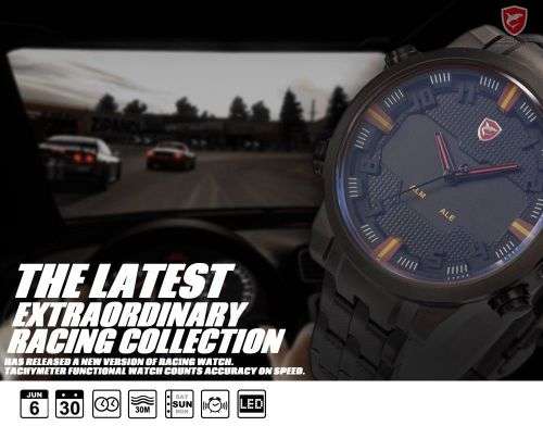 SHARK LED Date Black Red Quartz Stainless Steel Men Sport Wrist Watch Ref34