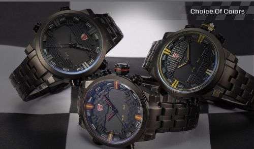 SHARK LED Date Black Red Quartz Stainless Steel Men Sport Wrist Watch Ref34