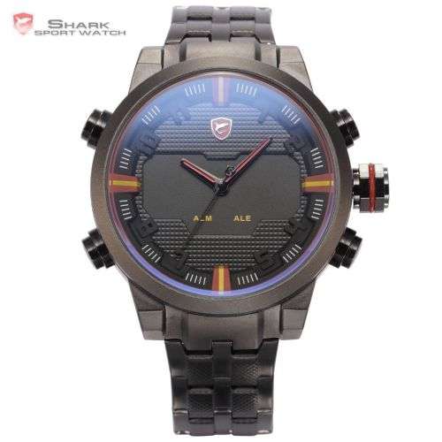 SHARK LED Date Black Red Quartz Stainless Steel Men Sport Wrist Watch Ref34