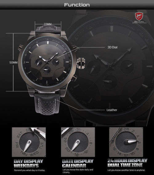 SHARK LED Date Black Red Quartz Stainless Steel, All the Dials moves are not decoration Ref46