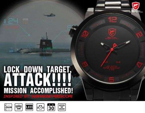 Gulper Shark Mens Digital LED Stainless Steel Band Date Sport Quartz Wrist Watch Ref 49