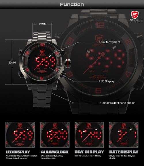 Gulper Shark Mens Digital LED Stainless Steel Band Date Sport Quartz Wrist Watch Ref 49