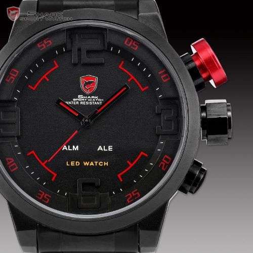Gulper Shark Luxury Red Date Day Digital LED 3D Steel Sport Quartz Men New Watch Ref 50