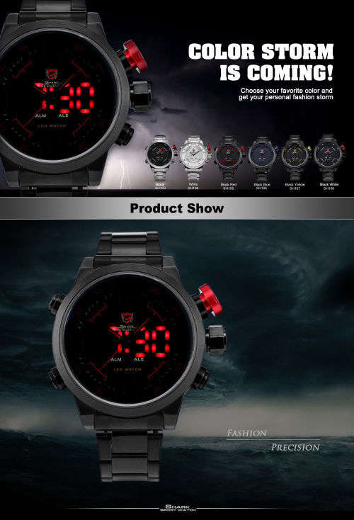 Gulper Shark Luxury Red Date Day Digital LED 3D Steel Sport Quartz Men New Watch Ref 50