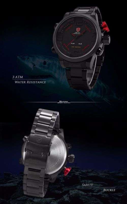 Gulper Shark Luxury Red Date Day Digital LED 3D Steel Sport Quartz Men New Watch Ref 50