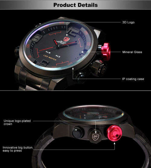 Gulper Shark Luxury Red Date Day Digital LED 3D Steel Sport Quartz Men New Watch Ref 50