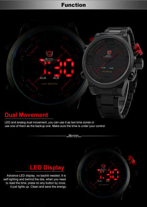 Gulper Shark Luxury Red Date Day Digital LED 3D Steel Sport Quartz Men New Watch Ref 50