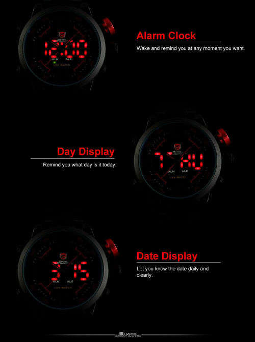 Gulper Shark Luxury Red Date Day Digital LED 3D Steel Sport Quartz Men New Watch Ref 50