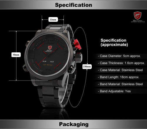 Gulper Shark Luxury Red Date Day Digital LED 3D Steel Sport Quartz Men New Watch Ref 50