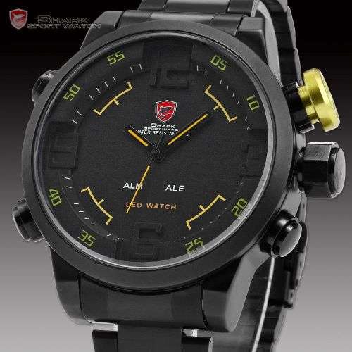 Shark Men's Gulper Digital LED Black Yellow Date Day Big Dial Sport Quartz Watch Ref 51