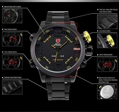 Shark Men's Gulper Digital LED Black Yellow Date Day Big Dial Sport Quartz Watch Ref 51