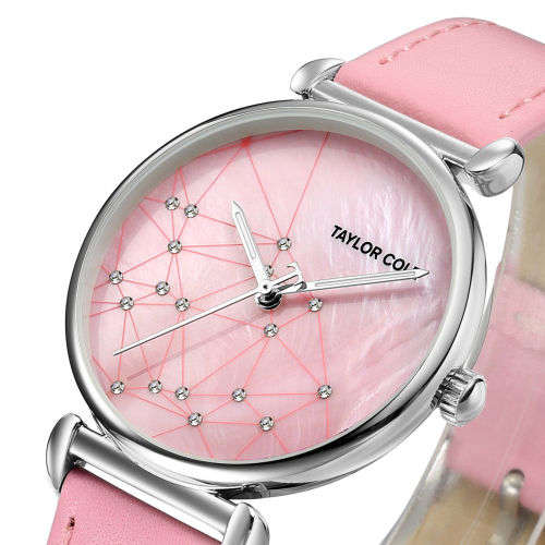 Taylor Cole Luxury Womens Golden Leather Skeleton Quartz Analog Wrist Watch - PINK