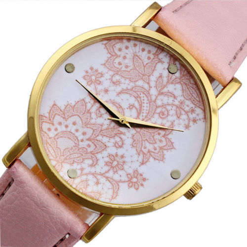 Watch Lace Printed Faux Leather Quartz Analog Dress Wrist Watche