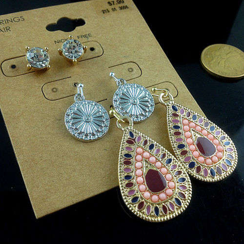 3Pairs/Lot Bohemian Colorful Resin Bead Women Earrings - Silver