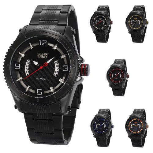 SHARK ARMY Fashion Men's Date Black Steel Quartz Wrist Military Sport Watch+Box Ref55