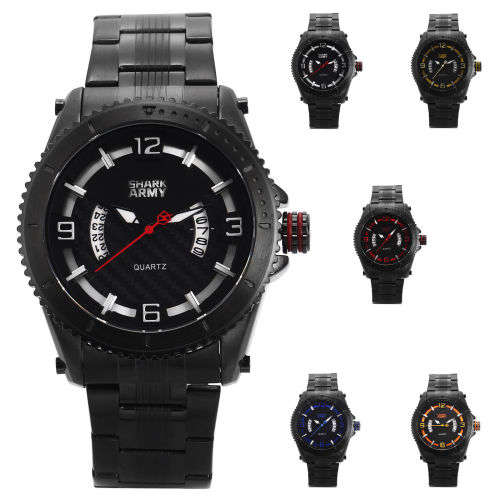 SHARK ARMY Fashion Men's Date Black Steel Quartz Wrist Military Sport Watch+Box Ref55
