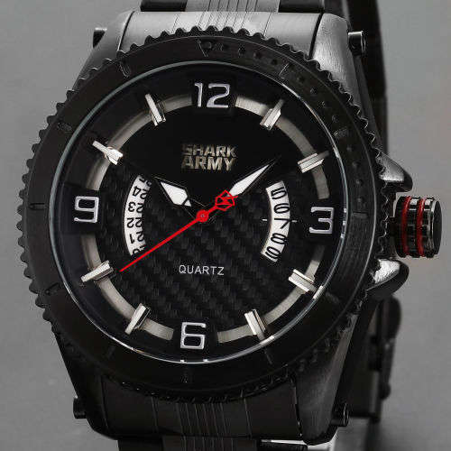 SHARK ARMY Fashion Men's Date Black Steel Quartz Wrist Military Sport Watch+Box Ref55