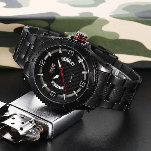SHARK ARMY Fashion Men's Date Black Steel Quartz Wrist Military Sport Watch+Box Ref55