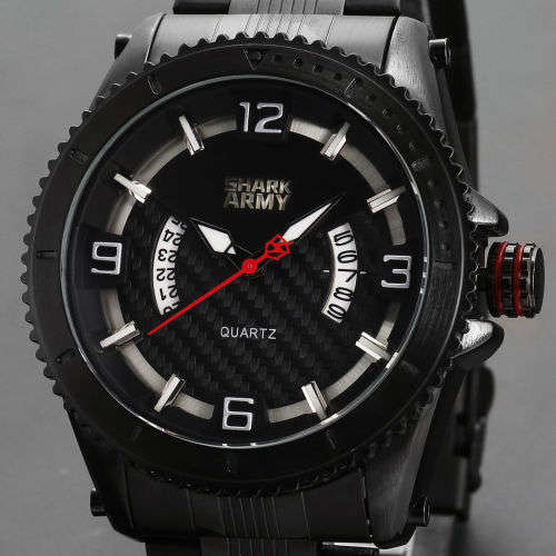 SHARK ARMY Fashion Men's Date Black Steel Quartz Wrist Military Sport Watch+Box Ref55