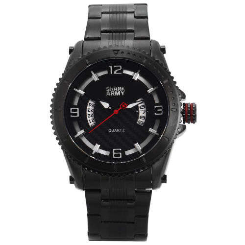 SHARK ARMY Fashion Men's Date Black Steel Quartz Wrist Military Sport Watch+Box Ref55