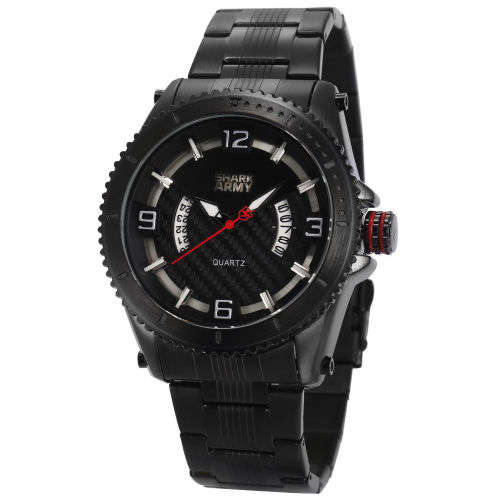 SHARK ARMY Fashion Men's Date Black Steel Quartz Wrist Military Sport Watch+Box Ref55
