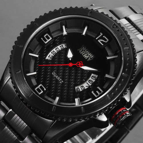 SHARK ARMY Fashion Men's Date Black Steel Quartz Wrist Military Sport Watch+Box Ref55