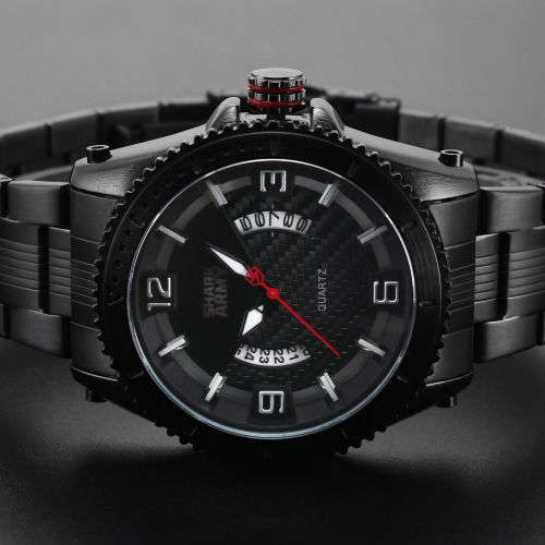 SHARK ARMY Fashion Men's Date Black Steel Quartz Wrist Military Sport Watch+Box Ref55