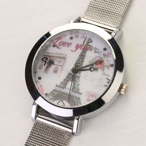 Women Lady LOVE Eiffel Tower Round Quartz Analog Bracelet Wrist Watch