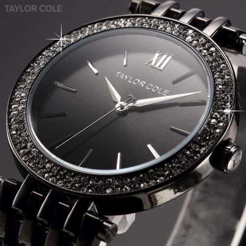 Taylor Cole Women's Black Crystal Analog Quartz Stainless Steel Wrist Watch Gift