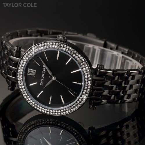 Taylor Cole Women's Black Crystal Analog Quartz Stainless Steel Wrist Watch Gift