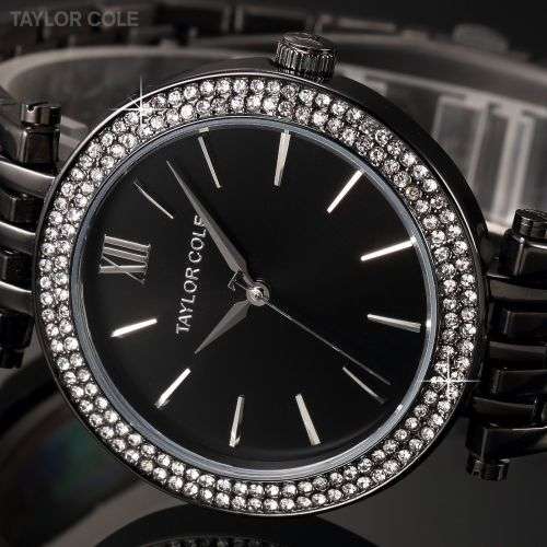 Taylor Cole Women's Black Crystal Analog Quartz Stainless Steel Wrist Watch Gift