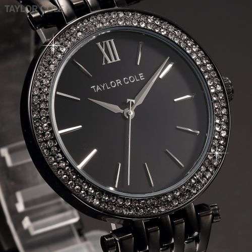 Taylor Cole Women's Black Crystal Analog Quartz Stainless Steel Wrist Watch Gift