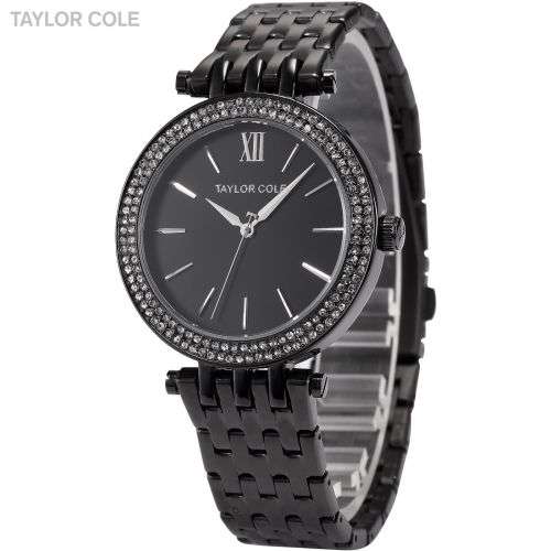 Taylor Cole Women's Black Crystal Analog Quartz Stainless Steel Wrist Watch Gift