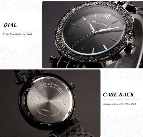 Taylor Cole Women's Black Crystal Analog Quartz Stainless Steel Wrist Watch Gift