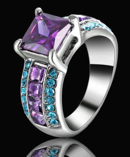 Purple Amethyst Ring CZ 10KT White Gold Filled Jewelery Size 8