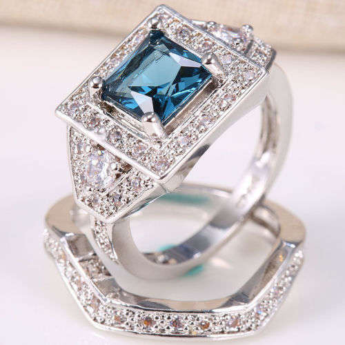 2pcs/set Silver 2.1ct Blue Topaz Gemstone Wedding Ring Size 6
