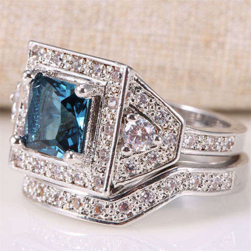 2pcs/set Silver 2.1ct Blue Topaz Gemstone Wedding Ring Size 6