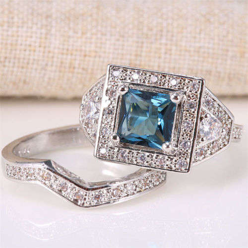 2pcs/set Silver 2.1ct Blue Topaz Gemstone Wedding Ring Size 6