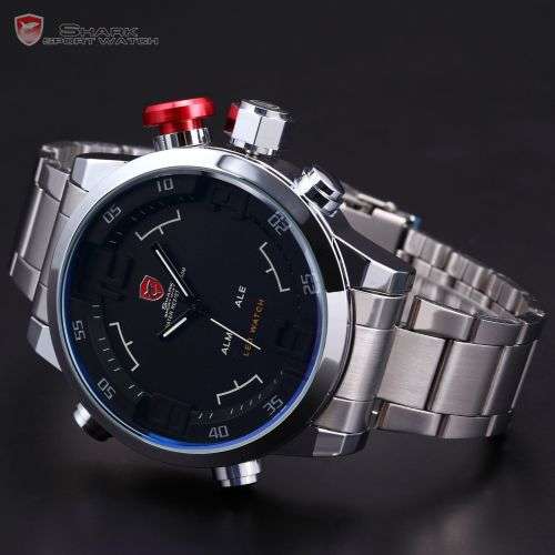 GENUINE Shark Digital LED Date Big Face Silver Black Quartz Sport Wrist Watch Ref31