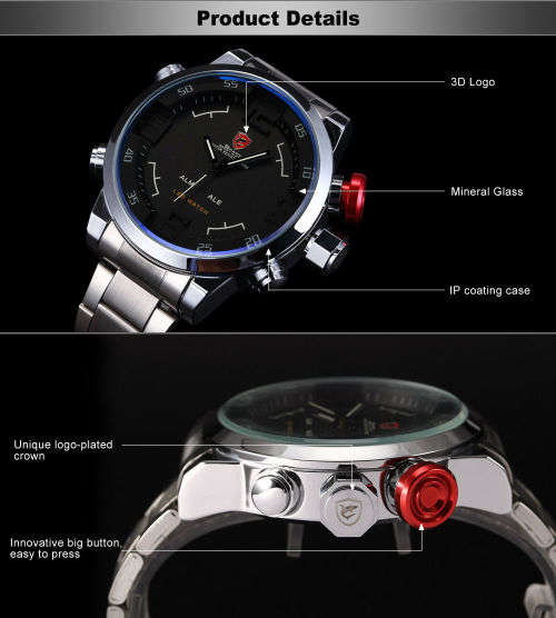 GENUINE Shark Digital LED Date Big Face Silver Black Quartz Sport Wrist Watch Ref31