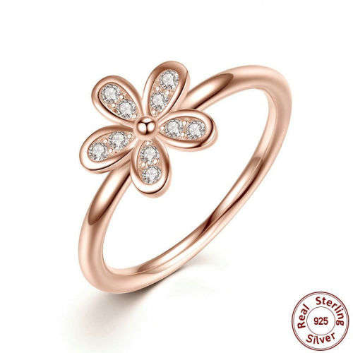 925 Silver Daisy Ring Flower White Topaz Rose Gold Wedding Jewelry Size 9